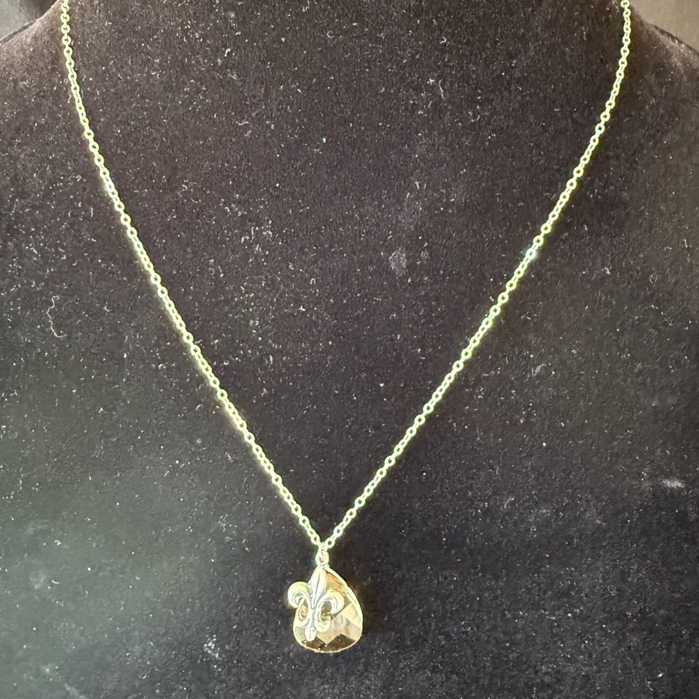VTG Citrine Crystal Pendant Necklace w/Fleur de Lise Charm Adjustable 925 Chain